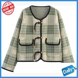 Vintage Button Down Cardigan Sweater Plaid Print Long Sleeve Knit Coat with